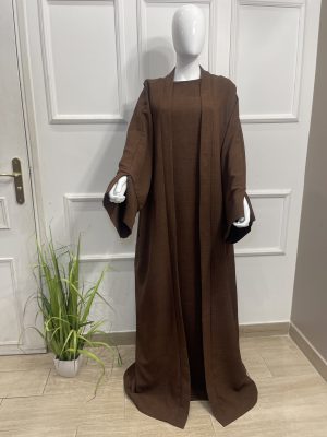Ensemble abaya Rosa grande taille tall sous abaya et kimono effet lin confort - marron
