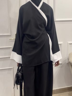 Confection ensemble mastour grande taille - Pantalon ample & haut kimono fluide - Noir