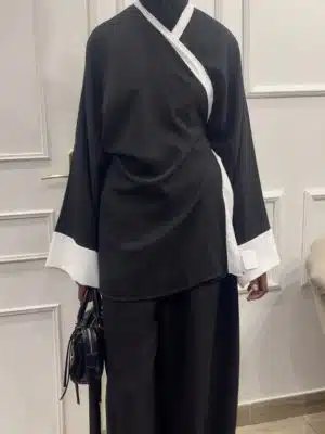 Confection ensemble mastour grande taille - Pantalon ample & haut kimono fluide - Noir