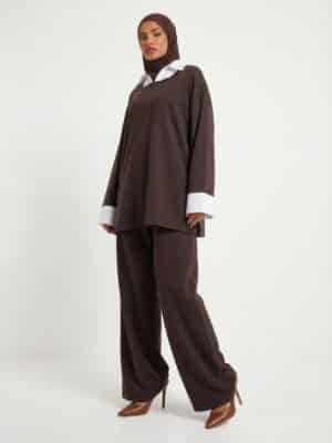 Tall- Ensemble pantalon avec col chemise intégré,  tall jusqu'à 1m90 - Marron