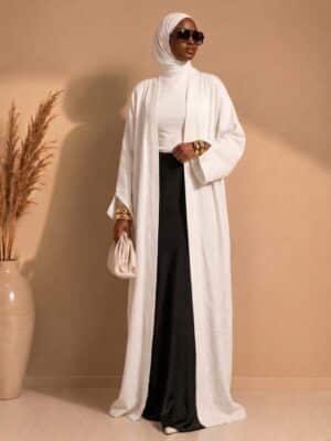 Kimono long grande taille pour femme jusqu'à 1m90. Tissu effet lin respirant, coupe structurée, poches pratiques. Se porte avec jupe, robe, pantalon - Blanc
