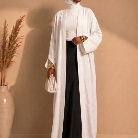 Kimono long grande taille pour femme jusqu'à 1m90. Tissu effet lin respirant, coupe structurée, poches pratiques. Se porte avec jupe, robe, pantalon - Blanc