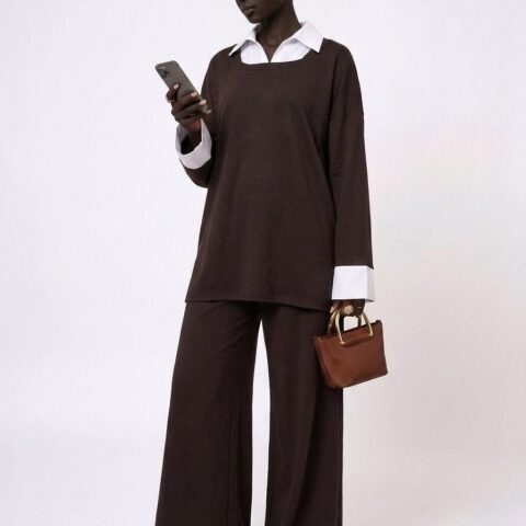 Tall- Ensemble pantalon avec col chemise intégré,  tall jusqu'à 1m90 - Marron