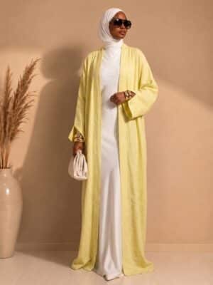 Kimono long grande taille pour femme jusqu'à 1m90. Tissu effet lin respirant, coupe structurée, poches pratiques - Jaune