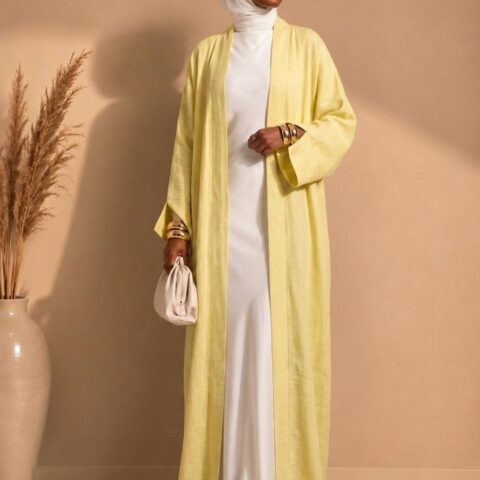 Kimono long grande taille pour femme jusqu'à 1m90. Tissu effet lin respirant, coupe structurée, poches pratiques - Jaune