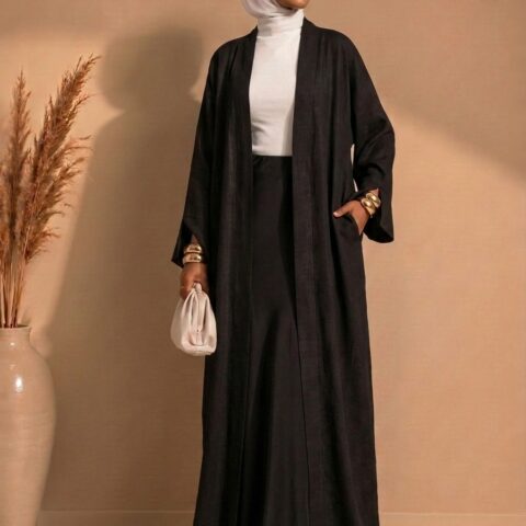 Kimono long grande taille pour femme jusqu'à 1m90. Tissu effet lin respirant, coupe structurée, poches pratiques. Se porte avec jupe, robe, pantalon - Noir