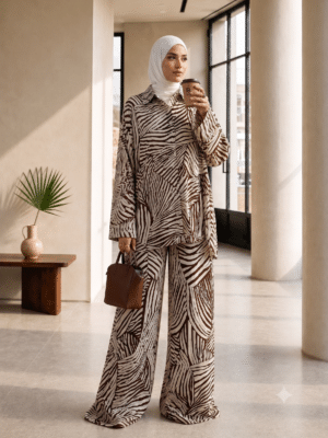 Ensemble Chemise & Pantalon Oversize Viscose – Imprimé Zébré Contemporain - marron
