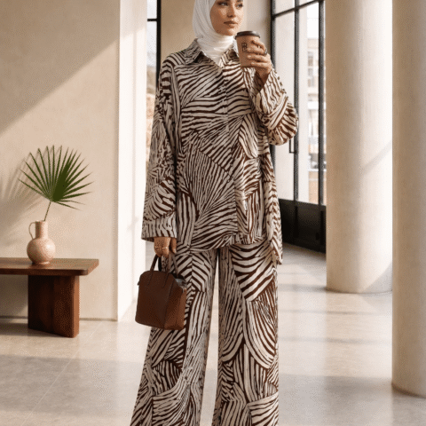 Ensemble Chemise & Pantalon Oversize Viscose – Imprimé Zébré Contemporain - marron