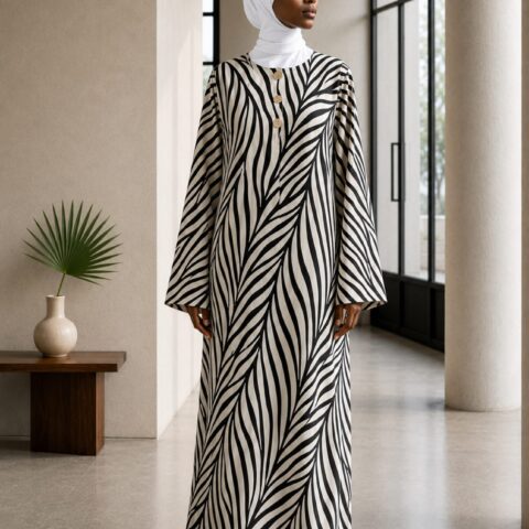 Robe Longue Oversize Imprimé Viscose   – Manches Évasées, Taille Unique Jusqu'à 1m85/90 - noir