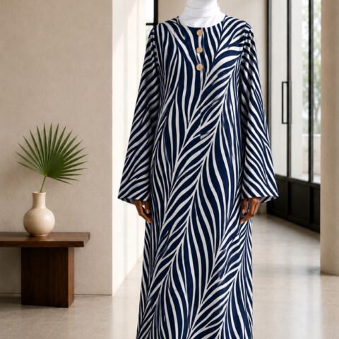 Robe Longue Oversize Imprimé VISCOSE  – Manches Évasées, Taille Unique Jusqu'à 1m85/90  - bleu marine