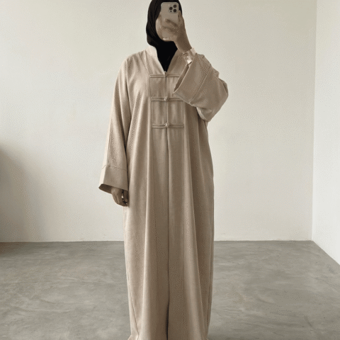 Abaya tall lyrelle Fermoirs Brandebourg — 1m80 Coupe Ample & Fluide - Beige